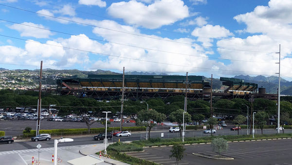 A view of the Aloha Stadium and surrounding swap meet from the Skyline station. It’s about a 5- to 10-minute walk across the street and to the entrance.