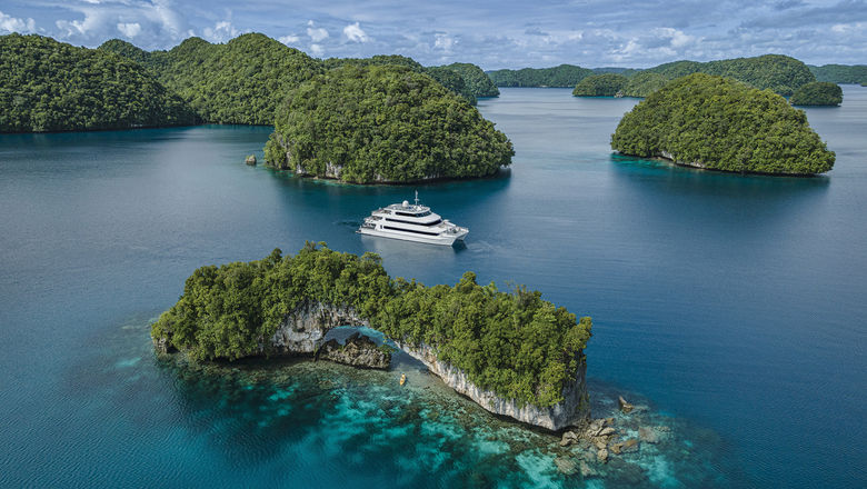 An aerial view of the 11-cabin Four Seasons Explorer, Palau.