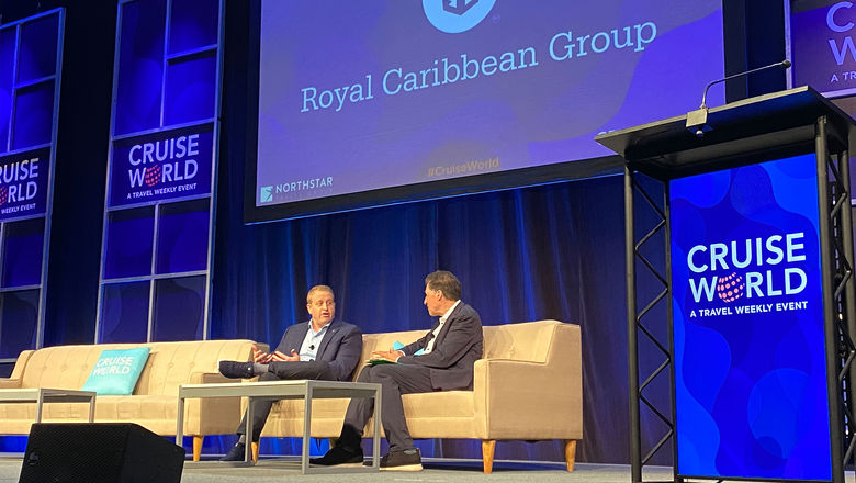 Royal Caribbean Group CEO Jason Liberty, left, and Travel Weekly editor-in-chief Arnie Weissmann at CruiseWorld in Fort Lauderdale.