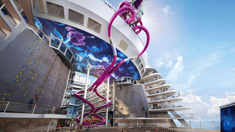 Royal Caribbean’s Utopia of the Seas will have the longest dry slide at sea, the 10-story Ultimate Abyss (seen here in a rendering), when it debuts in summer 2024.