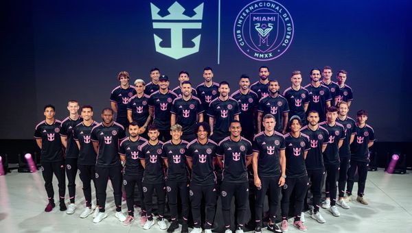 The Inter Miami CF soccer club wore their new jerseys on the Icon of the Seas, featuring the Royal Caribbean crown and anchor on the front.