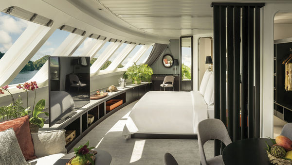The interior of a suite aboard the Four Seasons Explorer, Palau.