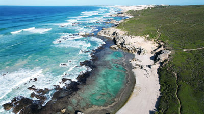 Aerial view of the mountains and the coastline at the De Hoop Nature Reserve.