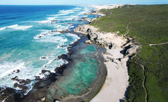 Aerial view of the mountains and the coastline at the De Hoop Nature Reserve.