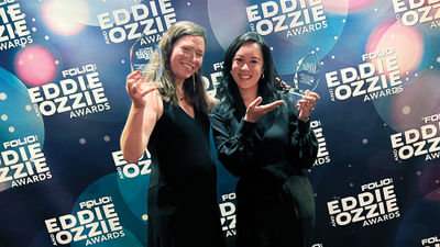 Travel Weekly managing editor Rebecca Tobin, left, and senior editor for hotels Christina Jelski accepted the Eddie awards on behalf of Travel Weekly.