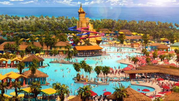 Two racing waterslides will wind around a sandcastle-like structure on Celebration Key.
